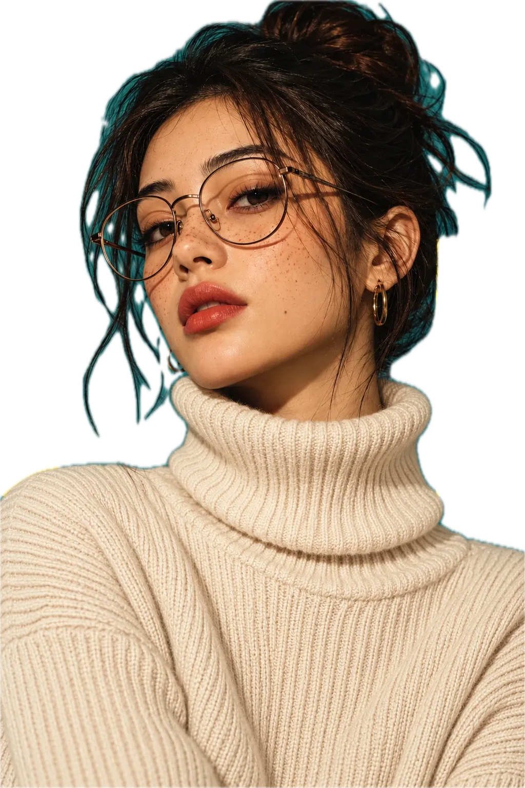 Woman with round glasses in a cream turtleneck — Korean Fonts